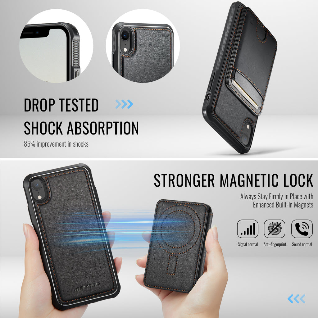 For iPhone XR 6.1 inch Case JEEHOOD J10  Compatible with MagSafe Leather Back Phone Cover with Detachable Card Holder Kickstand