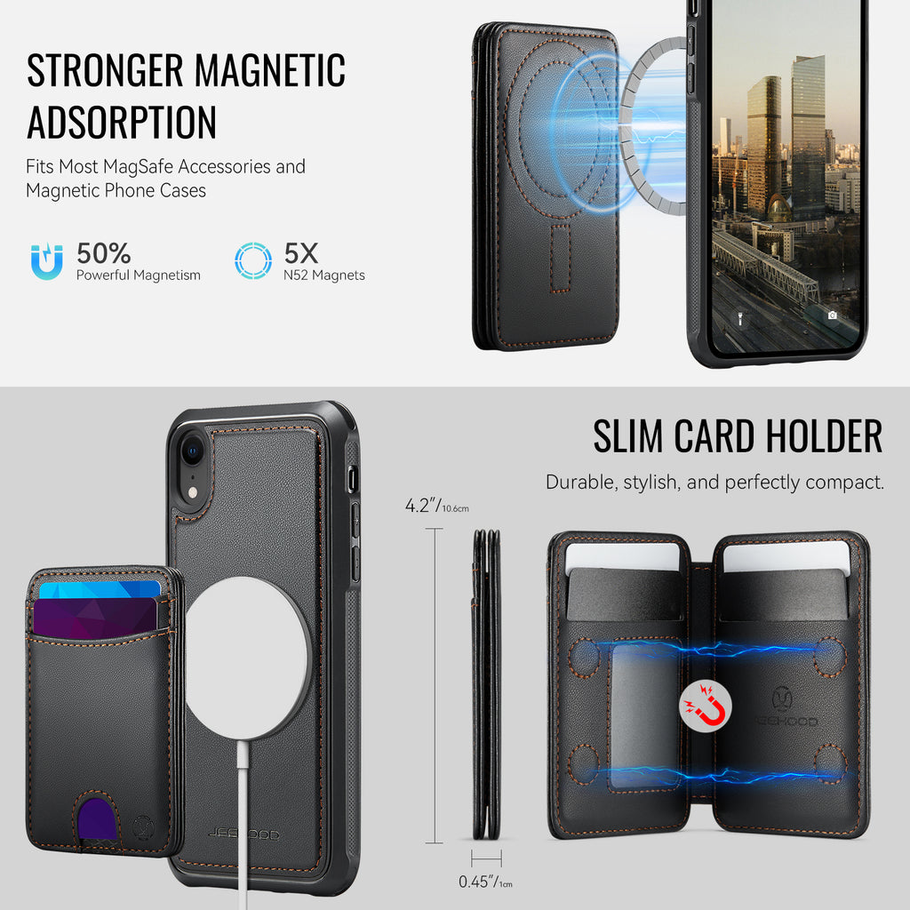 For iPhone XR 6.1 inch Case JEEHOOD J10  Compatible with MagSafe Leather Back Phone Cover with Detachable Card Holder Kickstand
