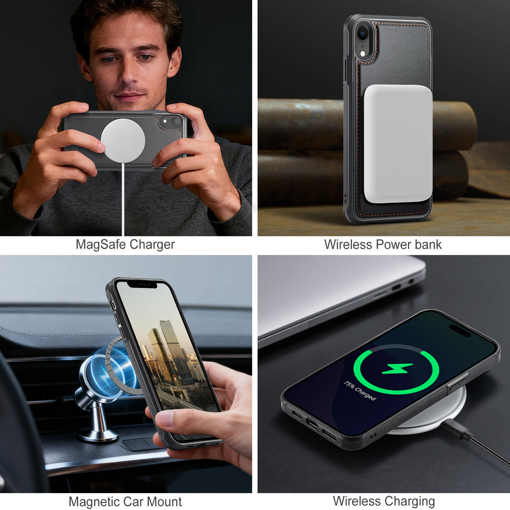 For iPhone XR 6.1 inch Case JEEHOOD J10  Compatible with MagSafe Leather Back Phone Cover with Detachable Card Holder Kickstand