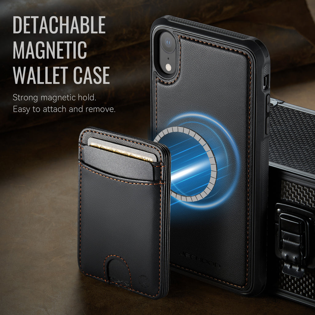 For iPhone XR 6.1 inch Case JEEHOOD J10  Compatible with MagSafe Leather Back Phone Cover with Detachable Card Holder Kickstand