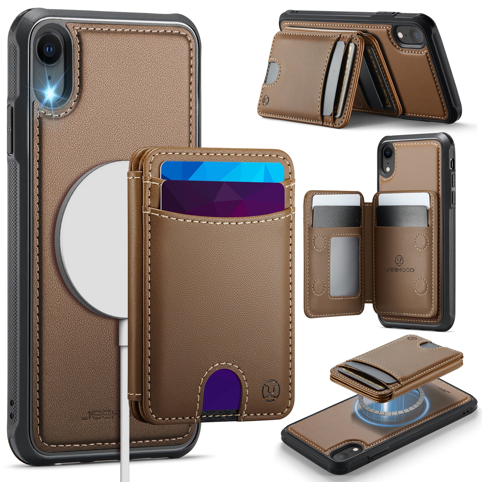 For iPhone XR 6.1 inch Case JEEHOOD J10  Compatible with MagSafe Leather Back Phone Cover with Detachable Card Holder Kickstand