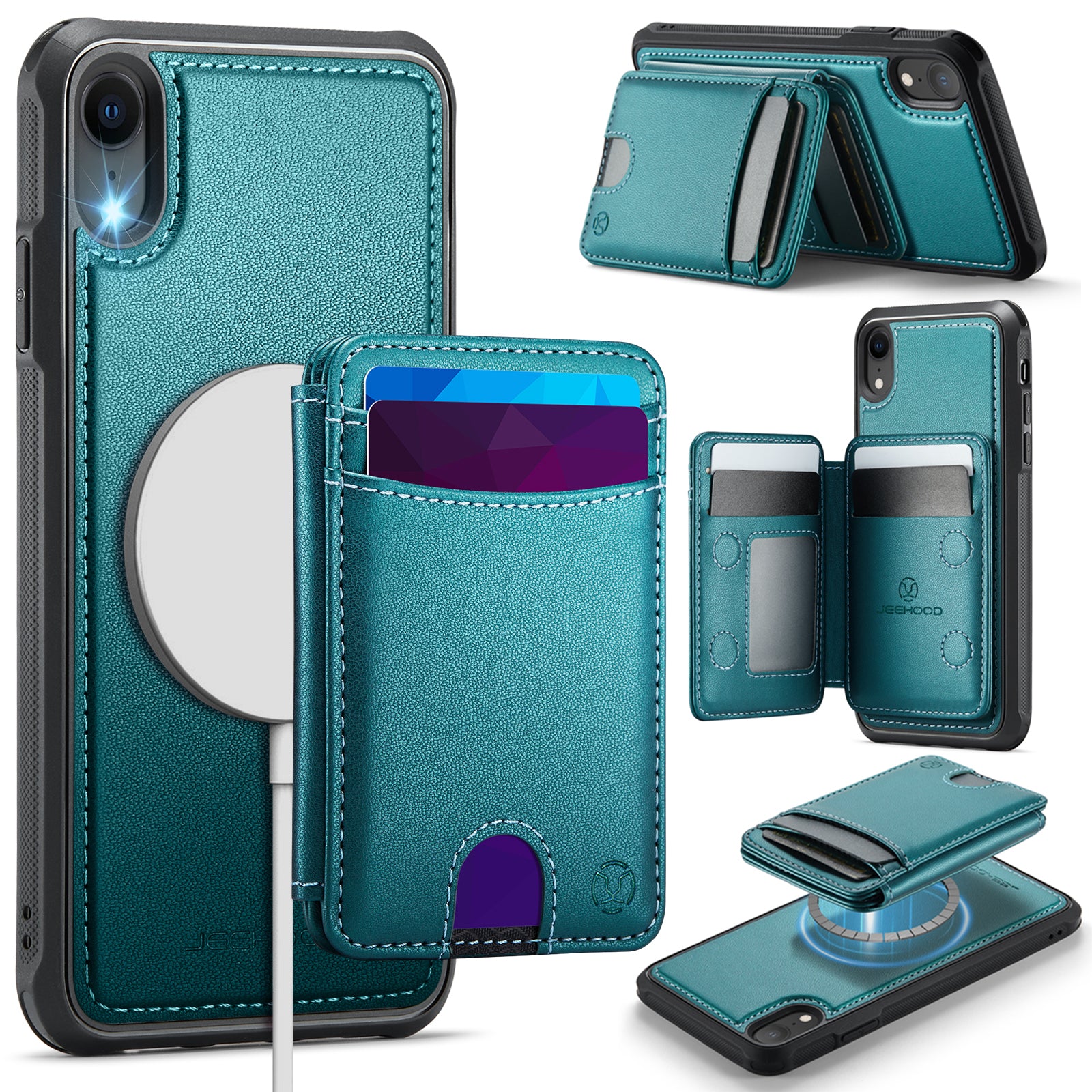 For iPhone XR 6.1 inch Case JEEHOOD J10  Compatible with MagSafe Leather Back Phone Cover with Detachable Card Holder Kickstand
