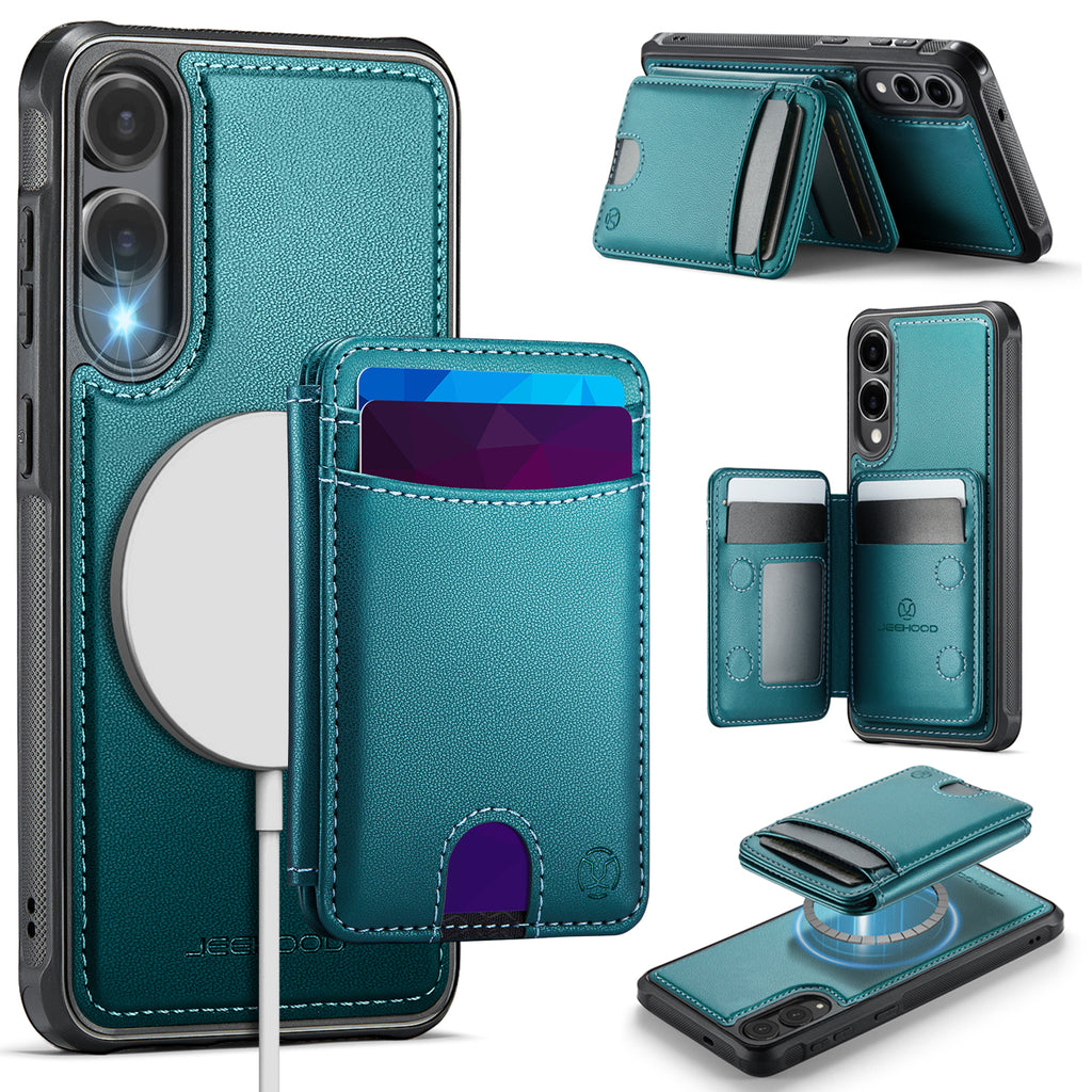 For Samsung Galaxy S25 Edge Case JEEHOOD J10  Compatible with MagSafe Leather Back Phone Cover with Detachable Card Holder Kickstand