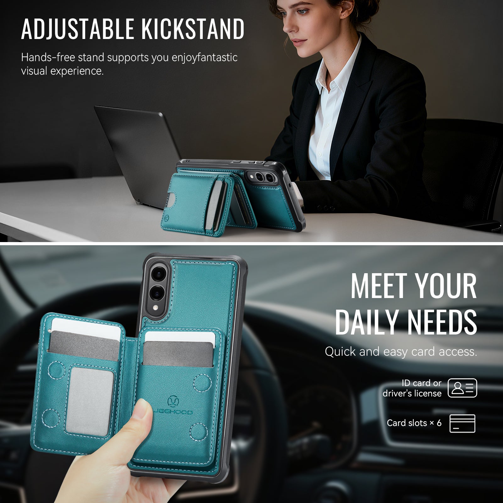 For Samsung Galaxy S25 Edge Case JEEHOOD J10  Compatible with MagSafe Leather Back Phone Cover with Detachable Card Holder Kickstand