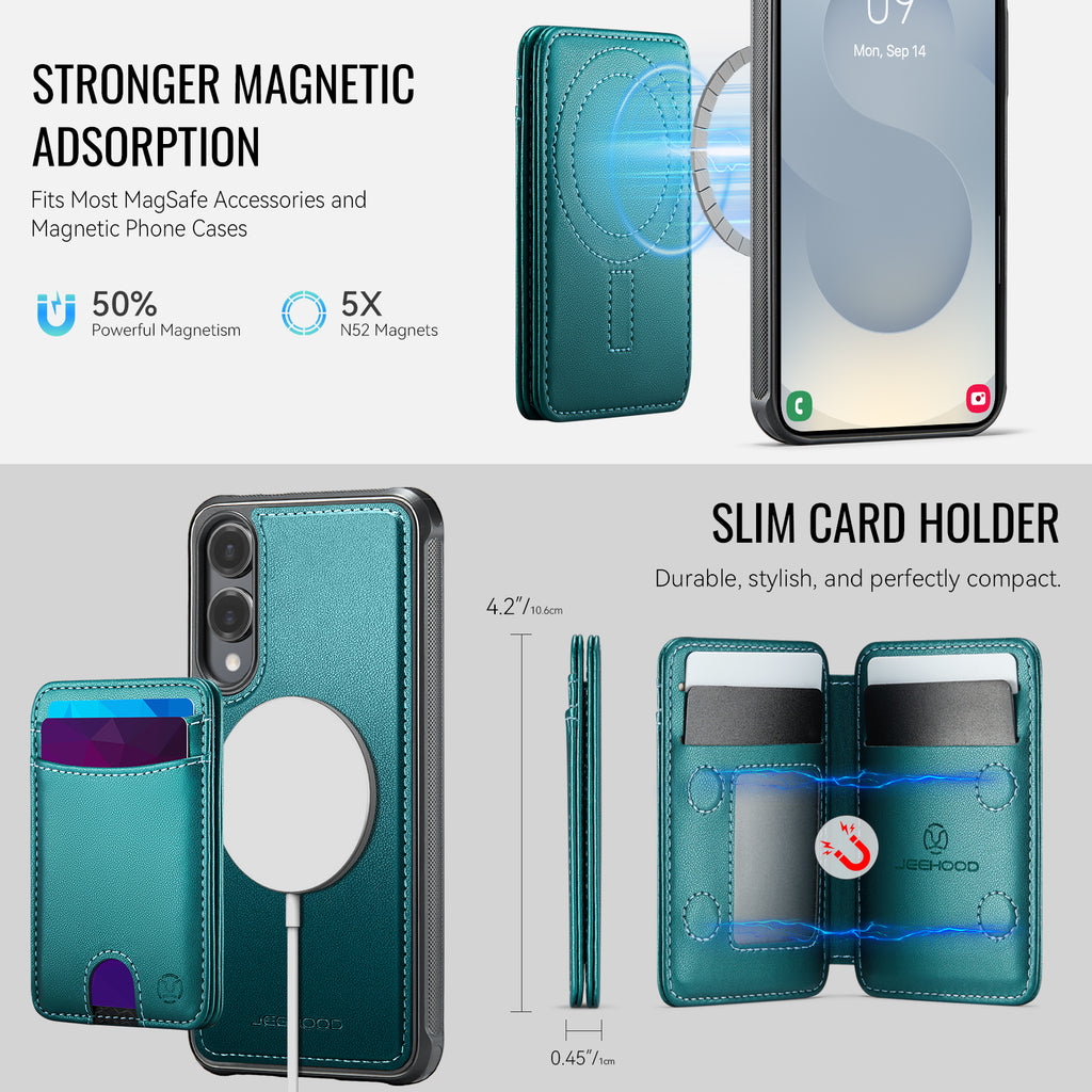 For Samsung Galaxy S25 Edge Case JEEHOOD J10  Compatible with MagSafe Leather Back Phone Cover with Detachable Card Holder Kickstand