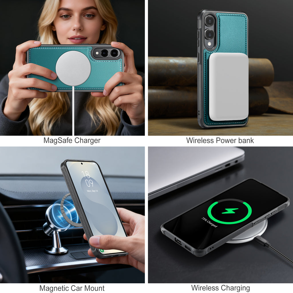 For Samsung Galaxy S25 Edge Case JEEHOOD J10  Compatible with MagSafe Leather Back Phone Cover with Detachable Card Holder Kickstand