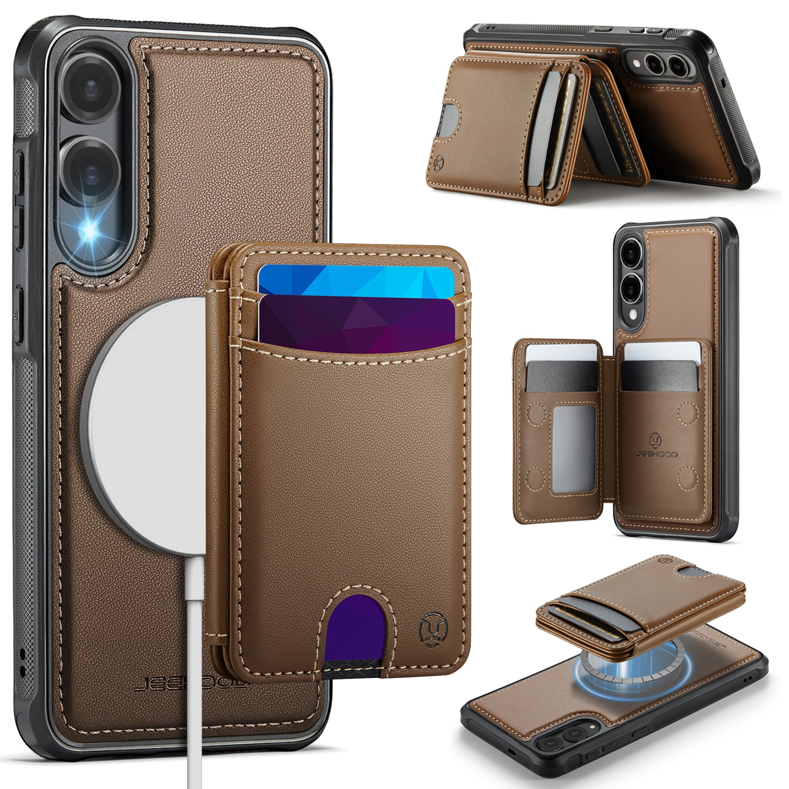 For Samsung Galaxy S25 Edge Case JEEHOOD J10  Compatible with MagSafe Leather Back Phone Cover with Detachable Card Holder Kickstand