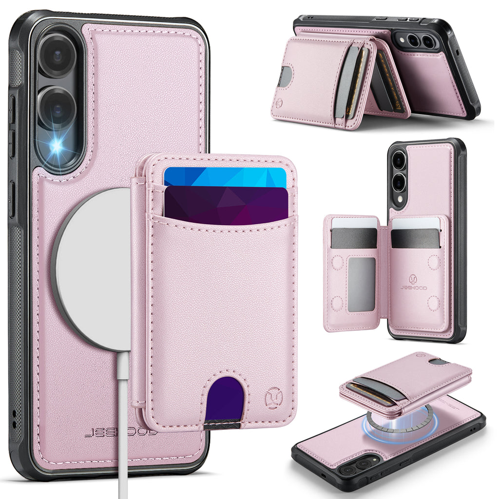 Étui JEEHOOD J10 pour Samsung Galaxy S25 Edge, compatible MagSafe, en cuir avec porte-cartes amovible et support intégré.