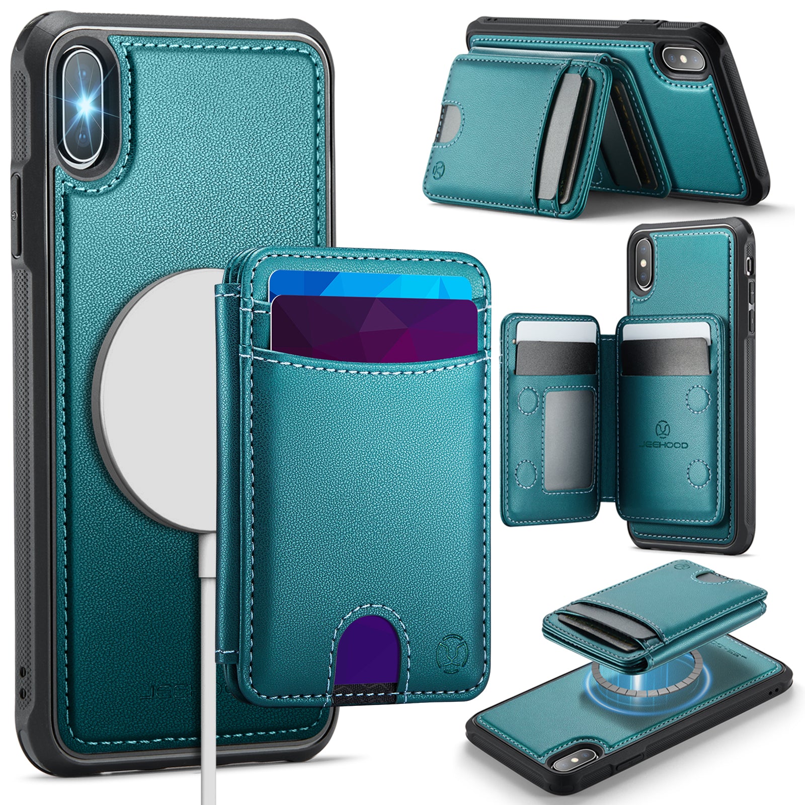 For iPhone XS 5.8 inch / iPhone X Case JEEHOOD J10  Compatible with MagSafe Leather Back Phone Cover with Detachable Card Holder Kickstand