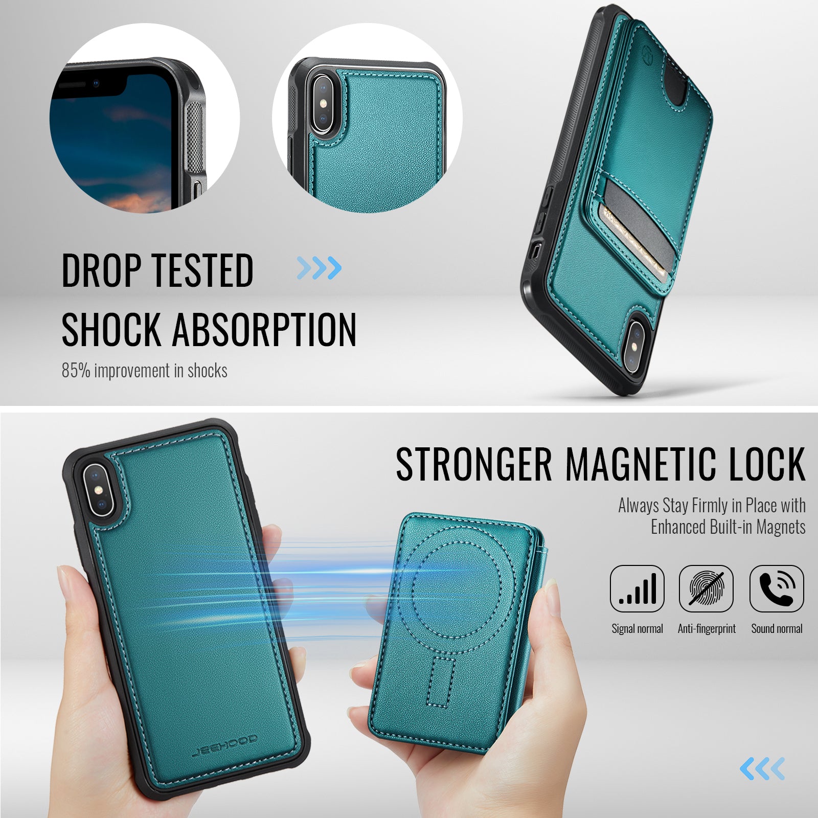 For iPhone XS 5.8 inch / iPhone X Case JEEHOOD J10  Compatible with MagSafe Leather Back Phone Cover with Detachable Card Holder Kickstand