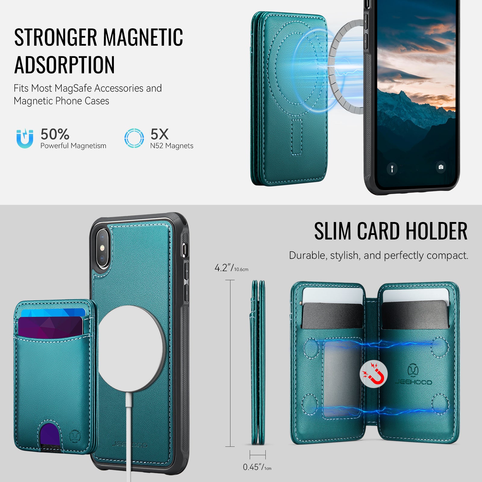 For iPhone XS 5.8 inch / iPhone X Case JEEHOOD J10  Compatible with MagSafe Leather Back Phone Cover with Detachable Card Holder Kickstand