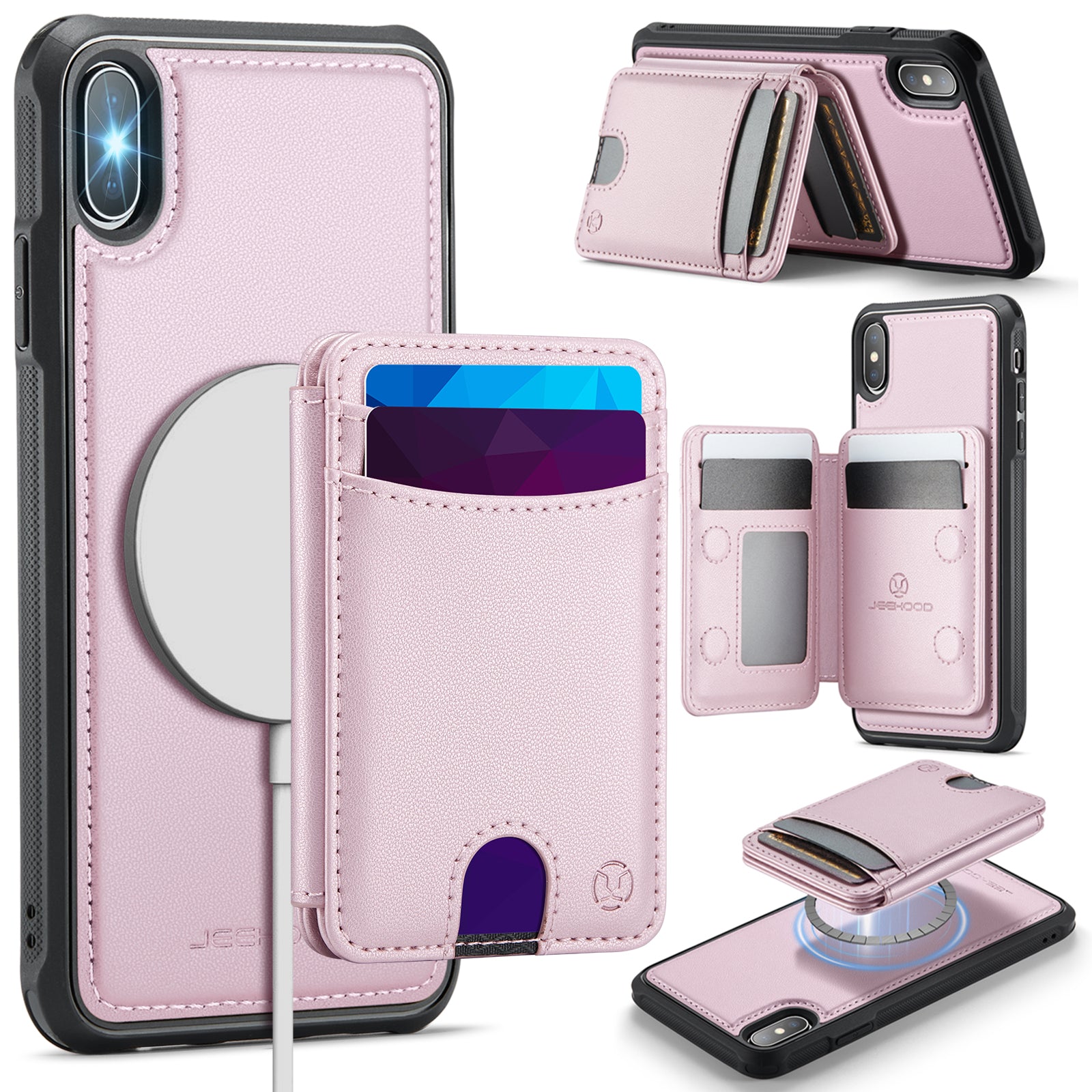 For iPhone XS 5.8 inch / iPhone X Case JEEHOOD J10  Compatible with MagSafe Leather Back Phone Cover with Detachable Card Holder Kickstand
