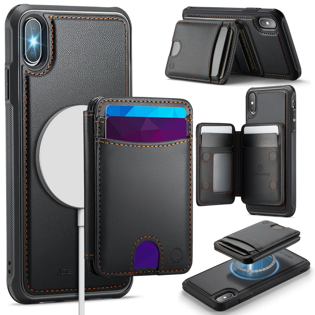 Funda JEEHOOD J10 para iPhone XS de 5.8 pulgadas / iPhone X, compatible con MagSafe, cubierta trasera de cuero con tarjetero desmontable y soporte.