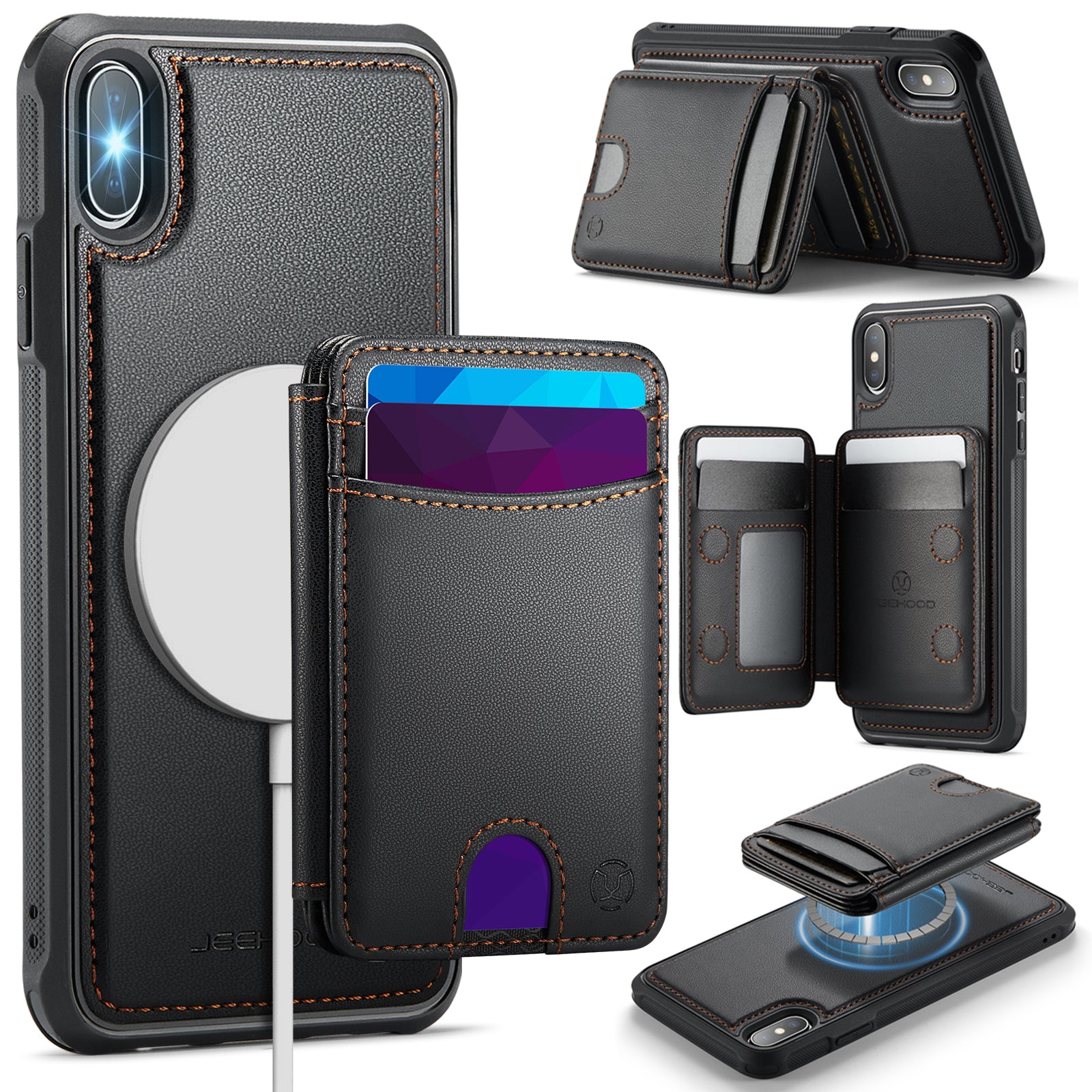 For iPhone XS 5.8 inch / iPhone X Case JEEHOOD J10  Compatible with MagSafe Leather Back Phone Cover with Detachable Card Holder Kickstand