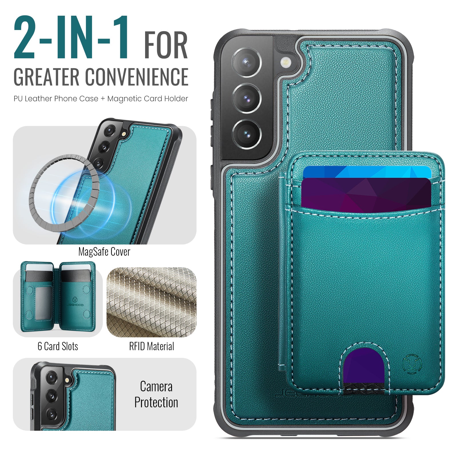 For Samsung Galaxy S21 5G Case JEEHOOD J10  Compatible with MagSafe Leather Back Phone Cover with Detachable Card Holder Kickstand