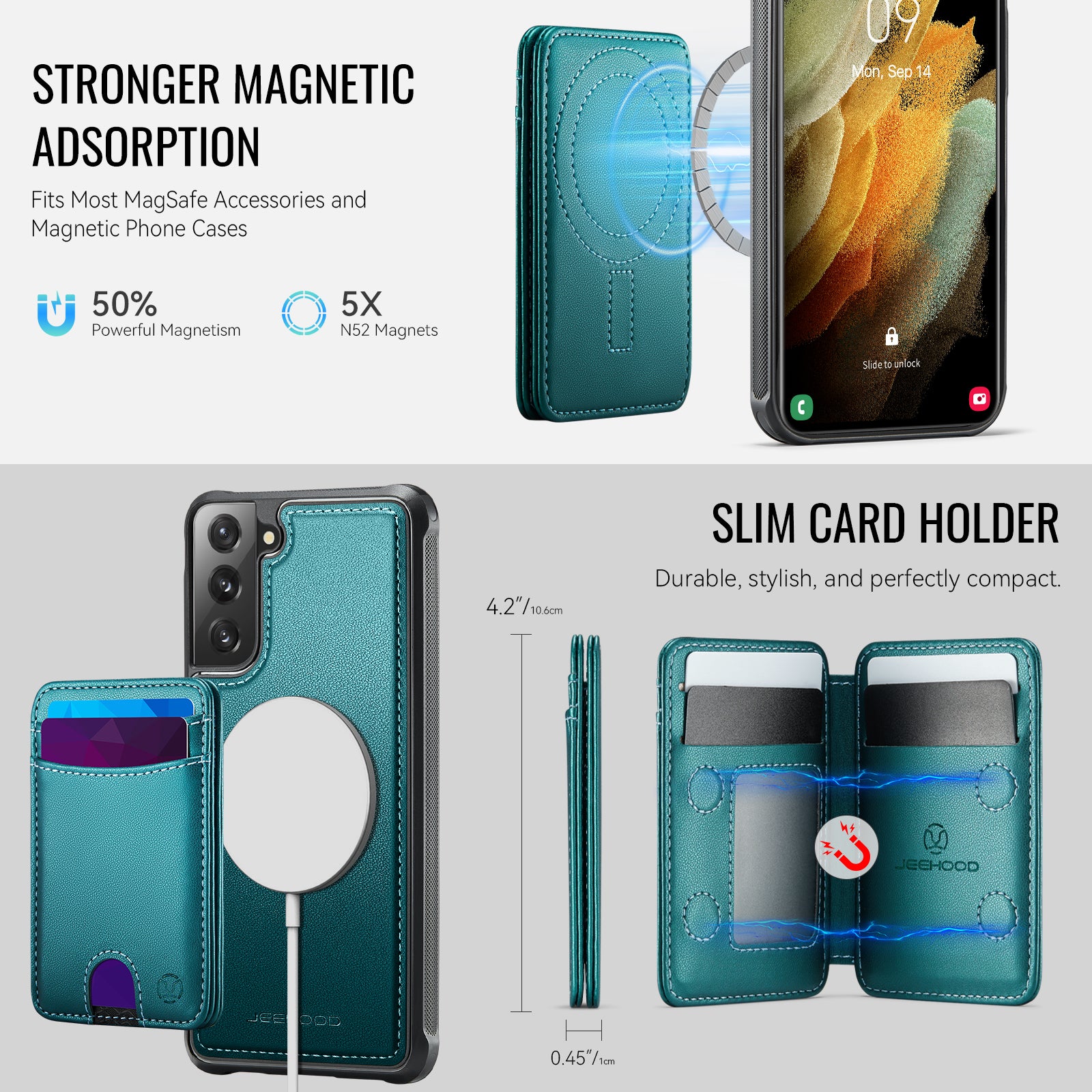 For Samsung Galaxy S21 5G Case JEEHOOD J10  Compatible with MagSafe Leather Back Phone Cover with Detachable Card Holder Kickstand