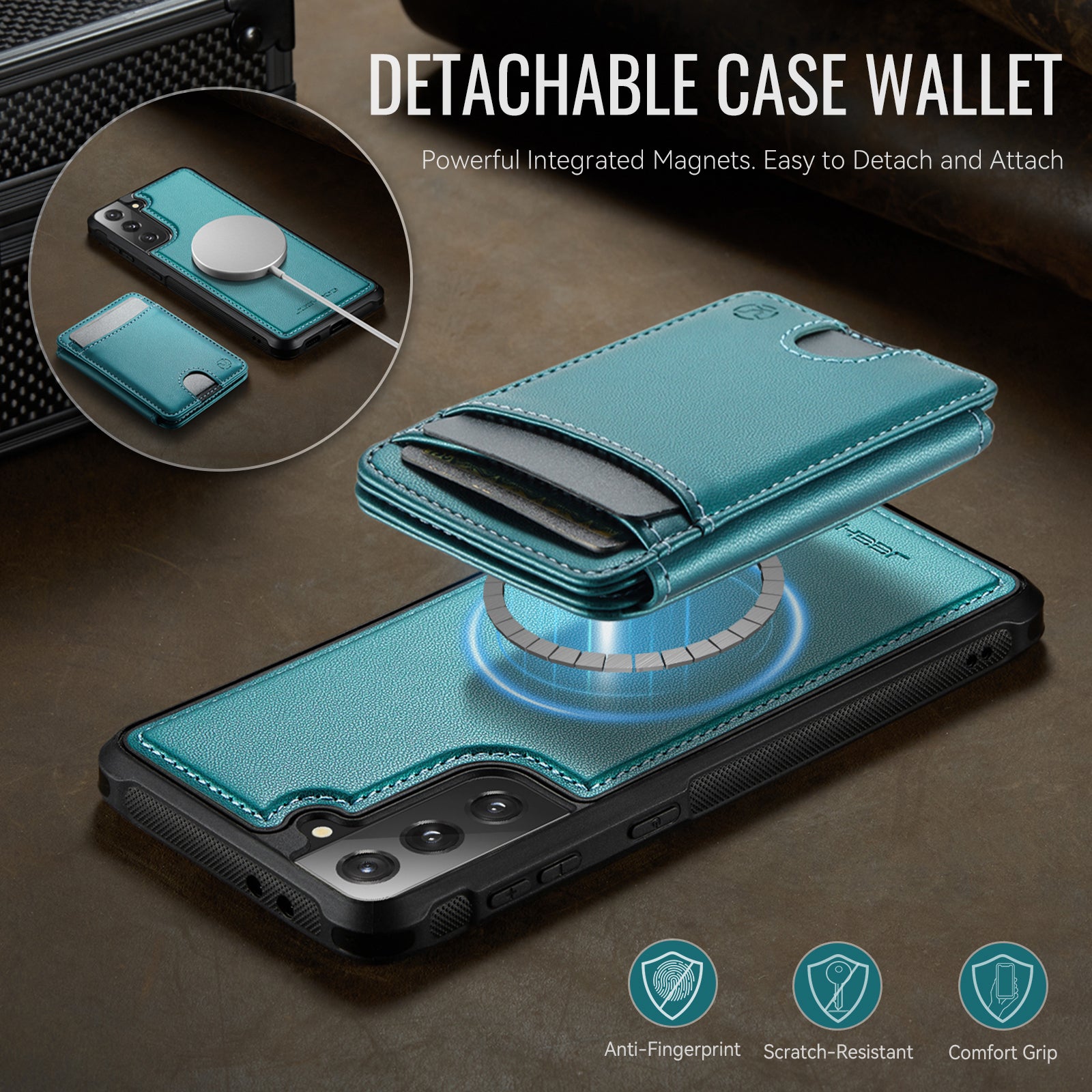 For Samsung Galaxy S21 5G Case JEEHOOD J10  Compatible with MagSafe Leather Back Phone Cover with Detachable Card Holder Kickstand