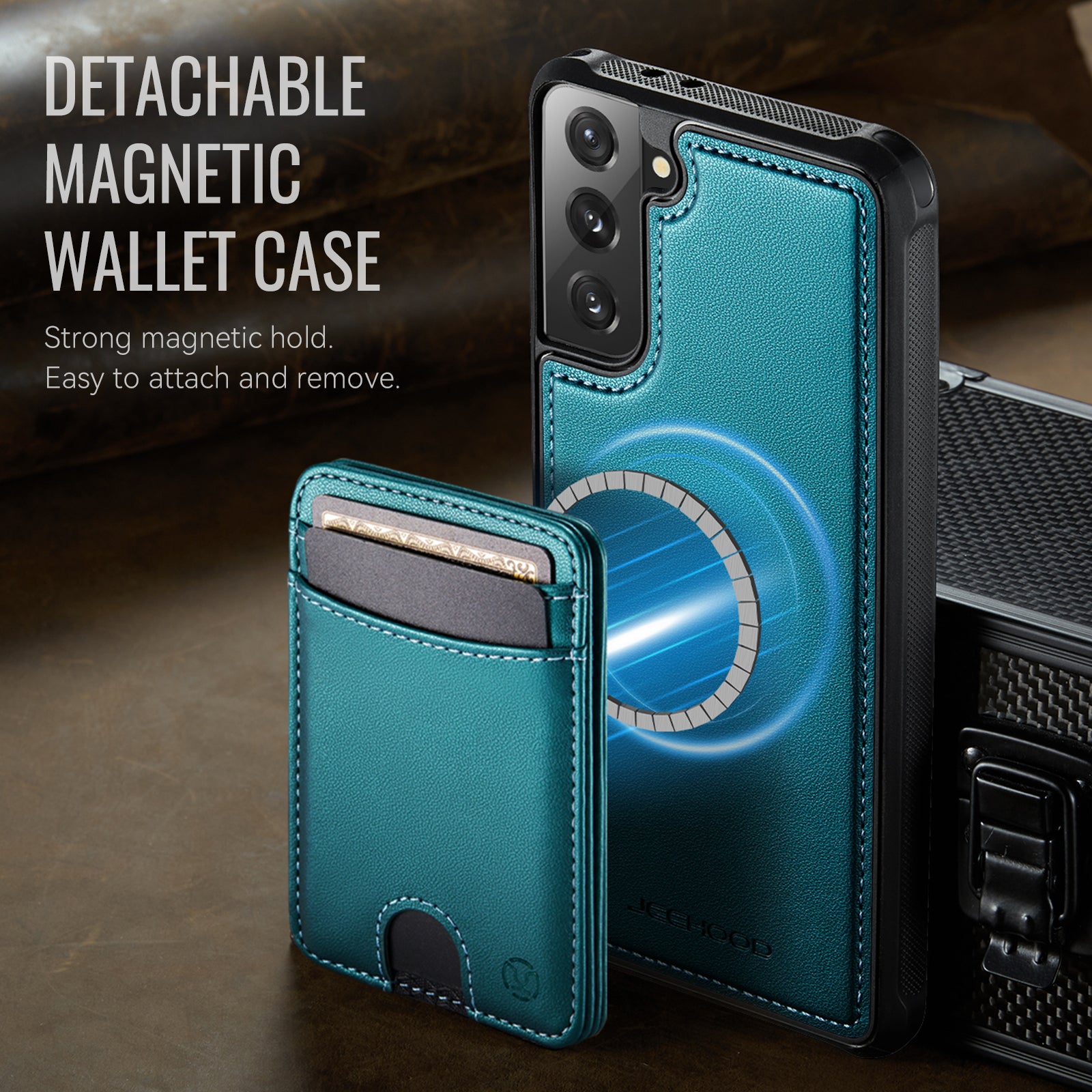 For Samsung Galaxy S21 5G Case JEEHOOD J10  Compatible with MagSafe Leather Back Phone Cover with Detachable Card Holder Kickstand