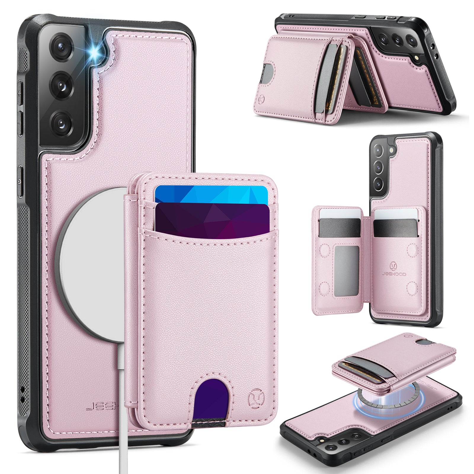 For Samsung Galaxy S21 5G Case JEEHOOD J10  Compatible with MagSafe Leather Back Phone Cover with Detachable Card Holder Kickstand