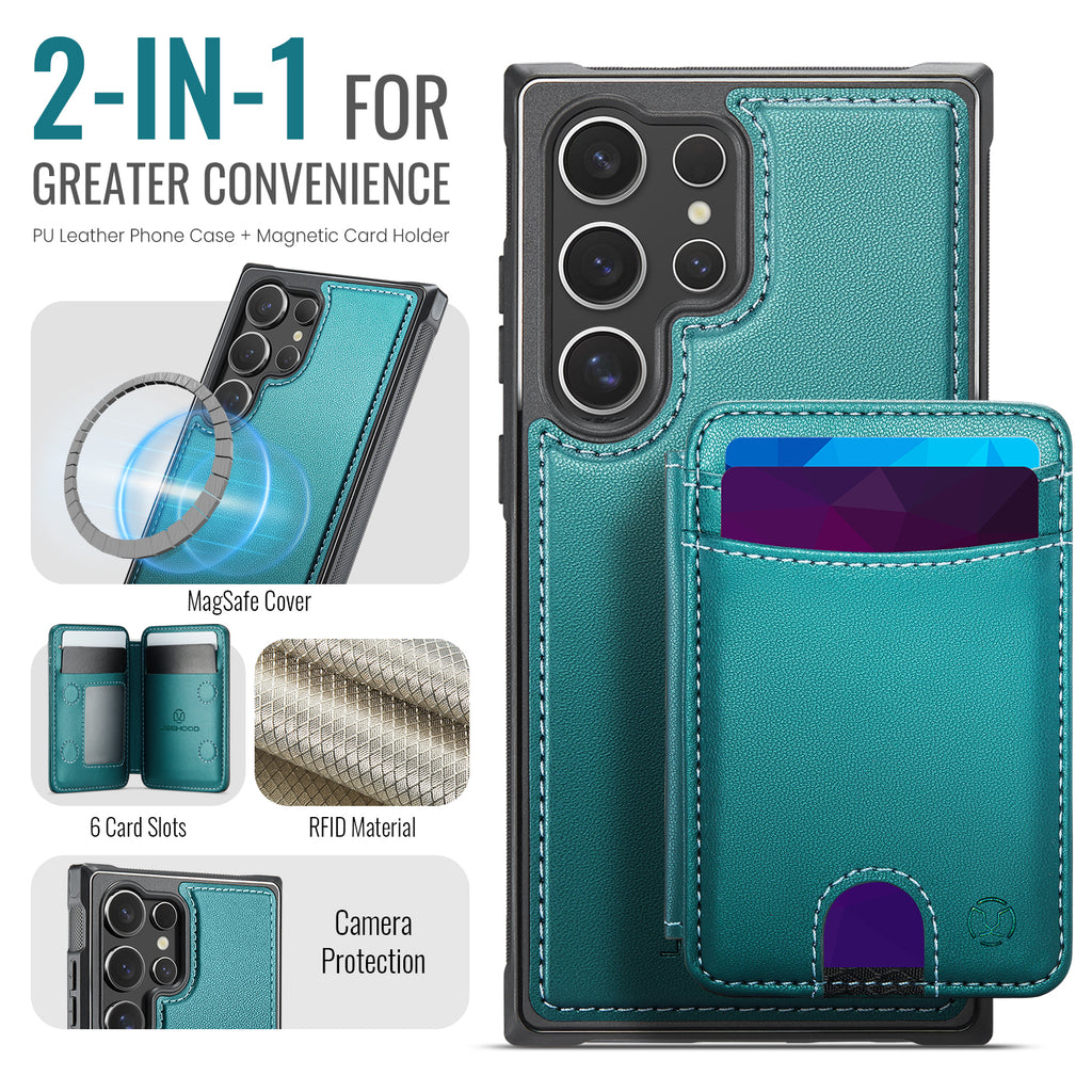 For Samsung Galaxy S24 Ultra Case JEEHOOD J10  Compatible with MagSafe Leather Back Phone Cover with Detachable Card Holder Kickstand