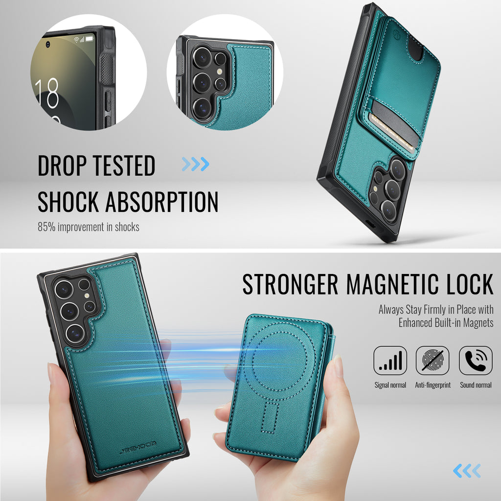 For Samsung Galaxy S24 Ultra Case JEEHOOD J10  Compatible with MagSafe Leather Back Phone Cover with Detachable Card Holder Kickstand