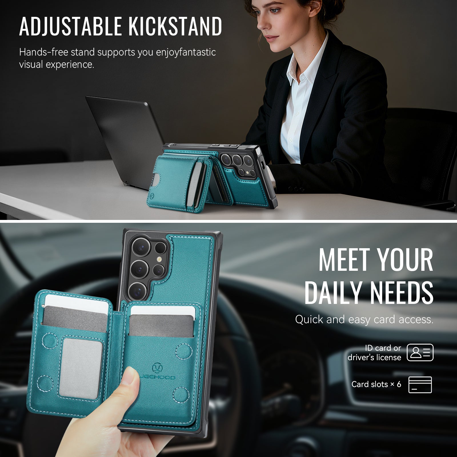 For Samsung Galaxy S24 Ultra Case JEEHOOD J10  Compatible with MagSafe Leather Back Phone Cover with Detachable Card Holder Kickstand