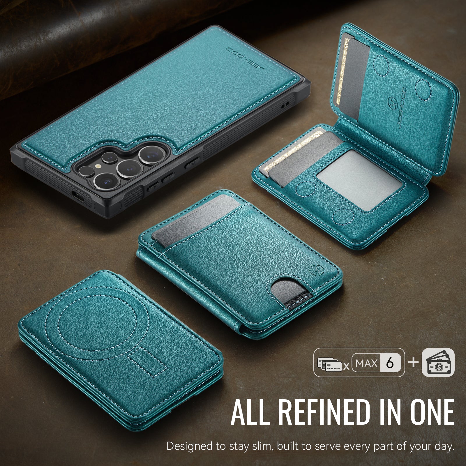 For Samsung Galaxy S24 Ultra Case JEEHOOD J10  Compatible with MagSafe Leather Back Phone Cover with Detachable Card Holder Kickstand