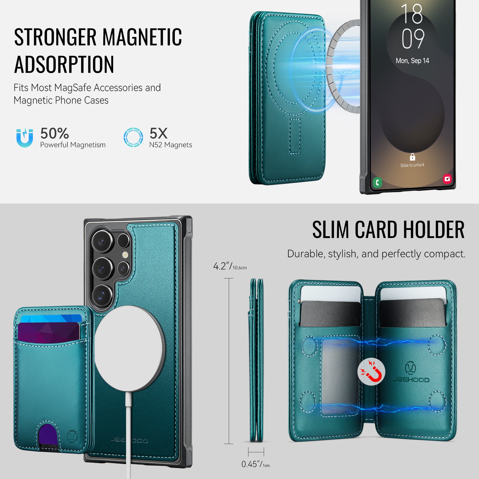 For Samsung Galaxy S24 Ultra Case JEEHOOD J10  Compatible with MagSafe Leather Back Phone Cover with Detachable Card Holder Kickstand