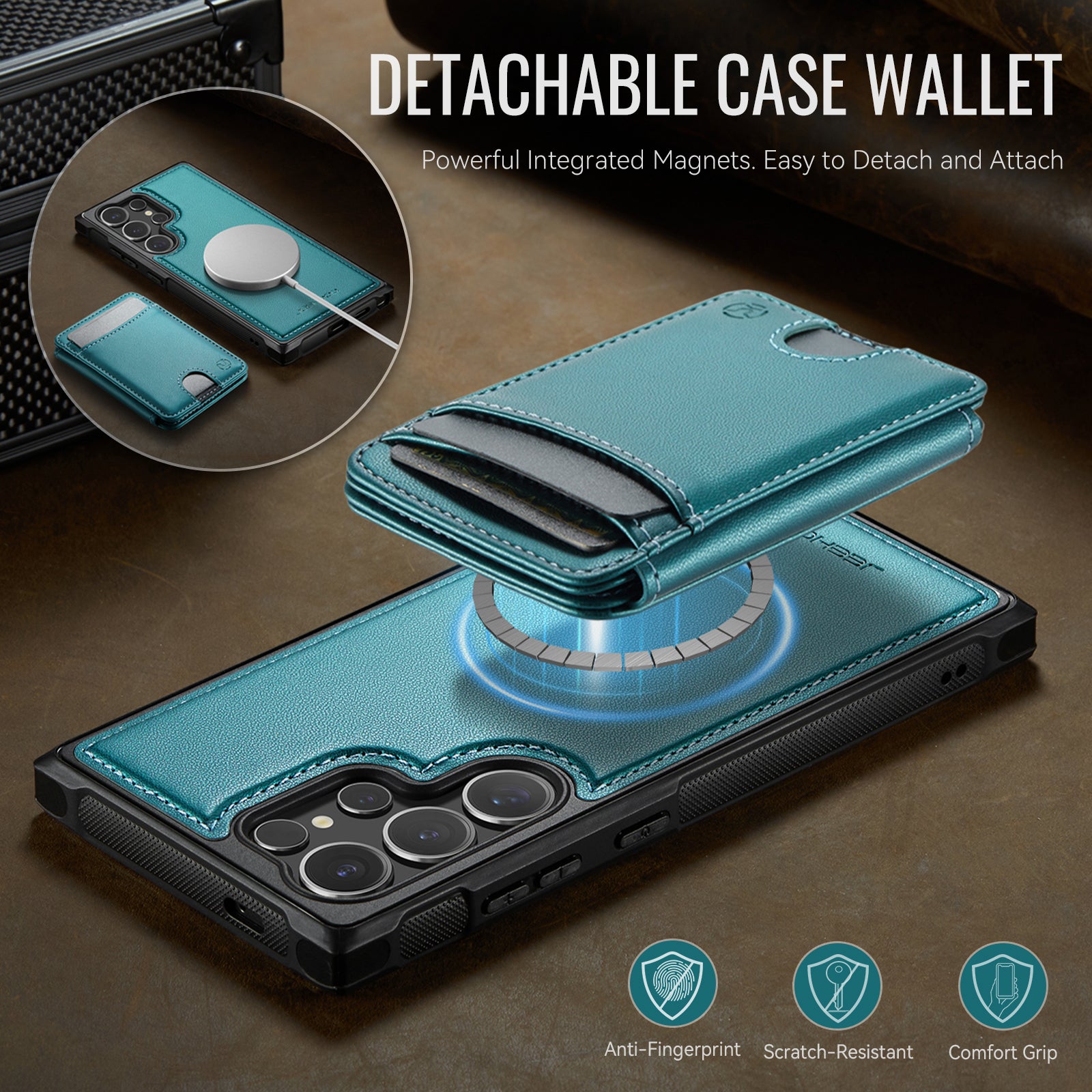 For Samsung Galaxy S24 Ultra Case JEEHOOD J10  Compatible with MagSafe Leather Back Phone Cover with Detachable Card Holder Kickstand