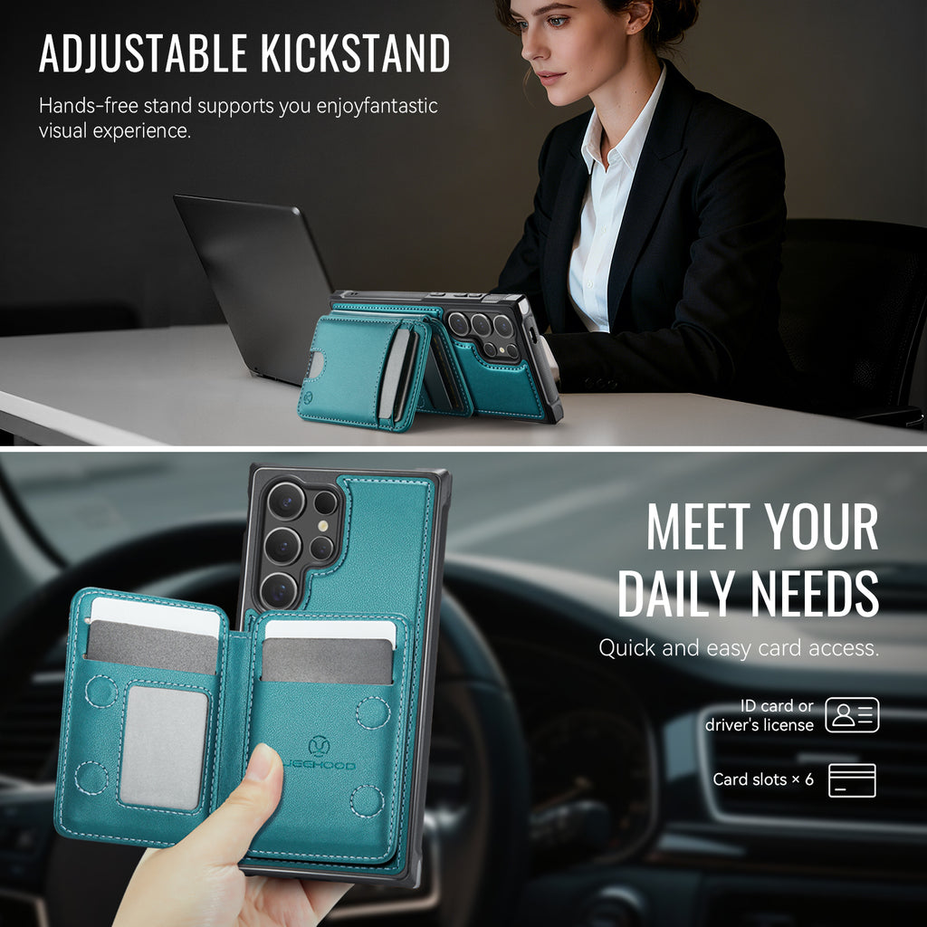 For Samsung Galaxy S25 Ultra Case JEEHOOD J10  Compatible with MagSafe Leather Back Phone Cover with Detachable Card Holder Kickstand