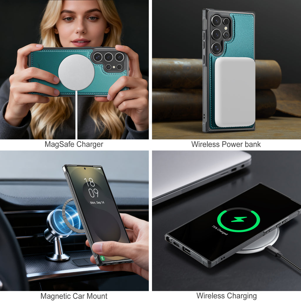 For Samsung Galaxy S25 Ultra Case JEEHOOD J10  Compatible with MagSafe Leather Back Phone Cover with Detachable Card Holder Kickstand