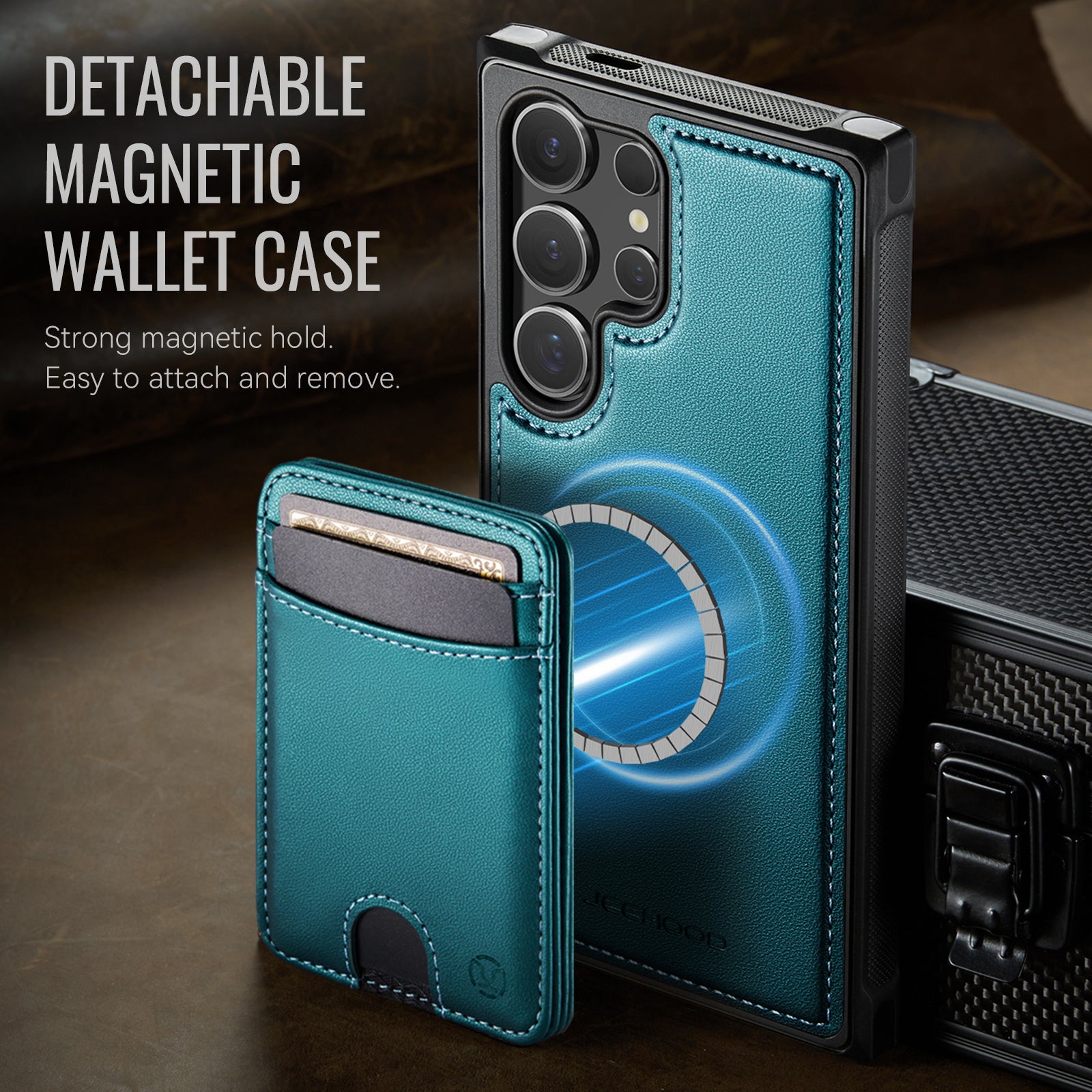 For Samsung Galaxy S25 Ultra Case JEEHOOD J10  Compatible with MagSafe Leather Back Phone Cover with Detachable Card Holder Kickstand