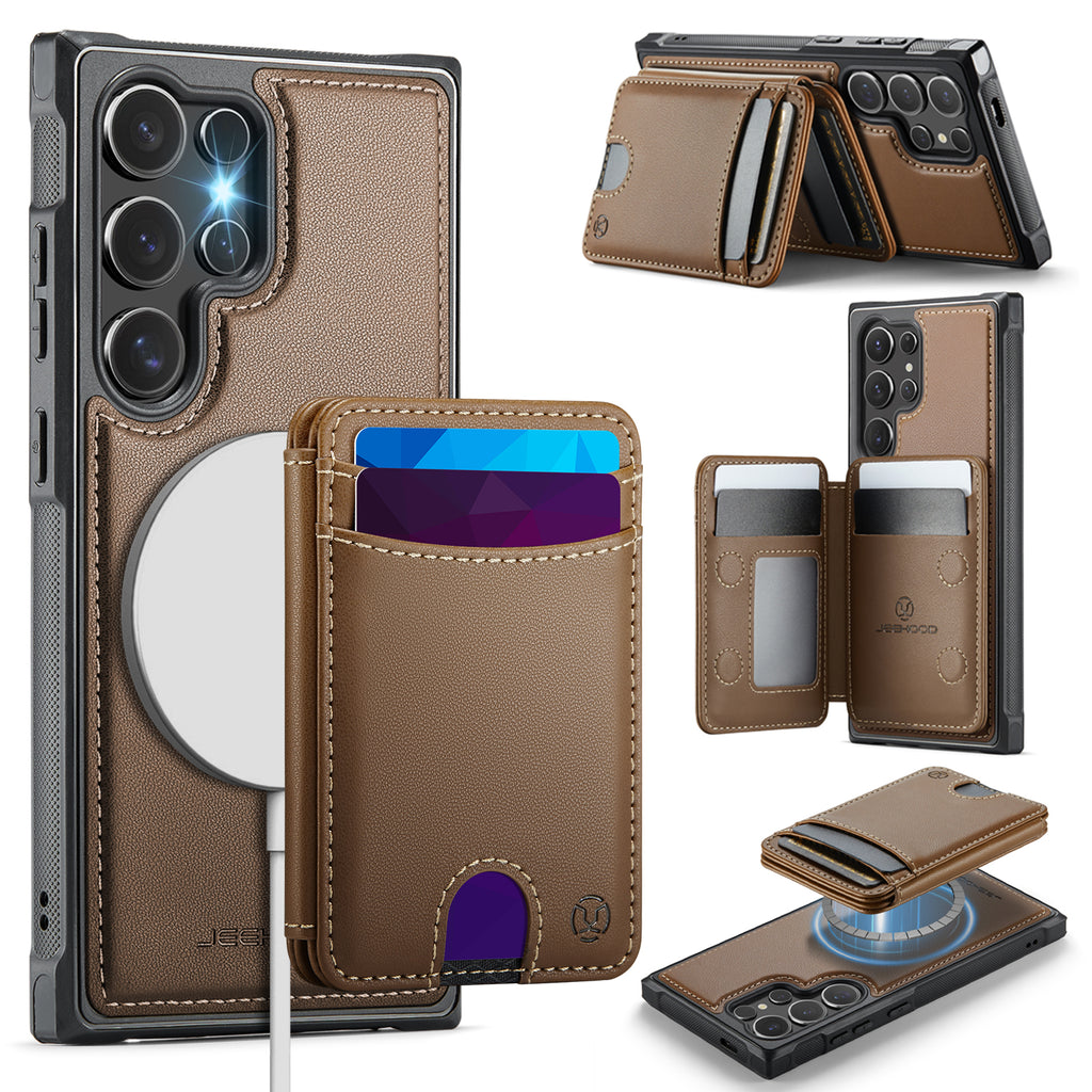 Funda JEEHOOD J10 para Samsung Galaxy S25 Ultra, compatible con MagSafe, cubierta trasera de cuero con tarjetero desmontable y soporte integrado.