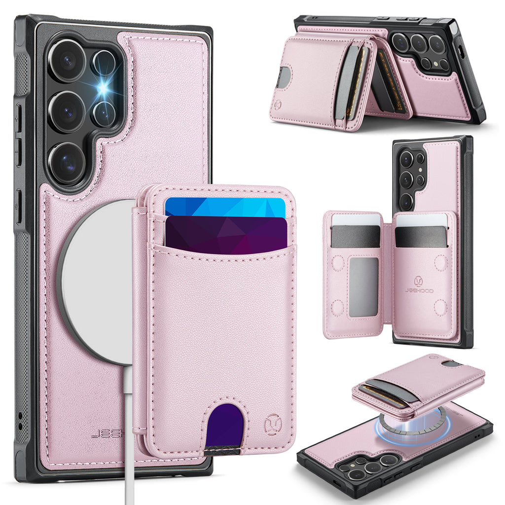 For Samsung Galaxy S25 Ultra Case JEEHOOD J10  Compatible with MagSafe Leather Back Phone Cover with Detachable Card Holder Kickstand