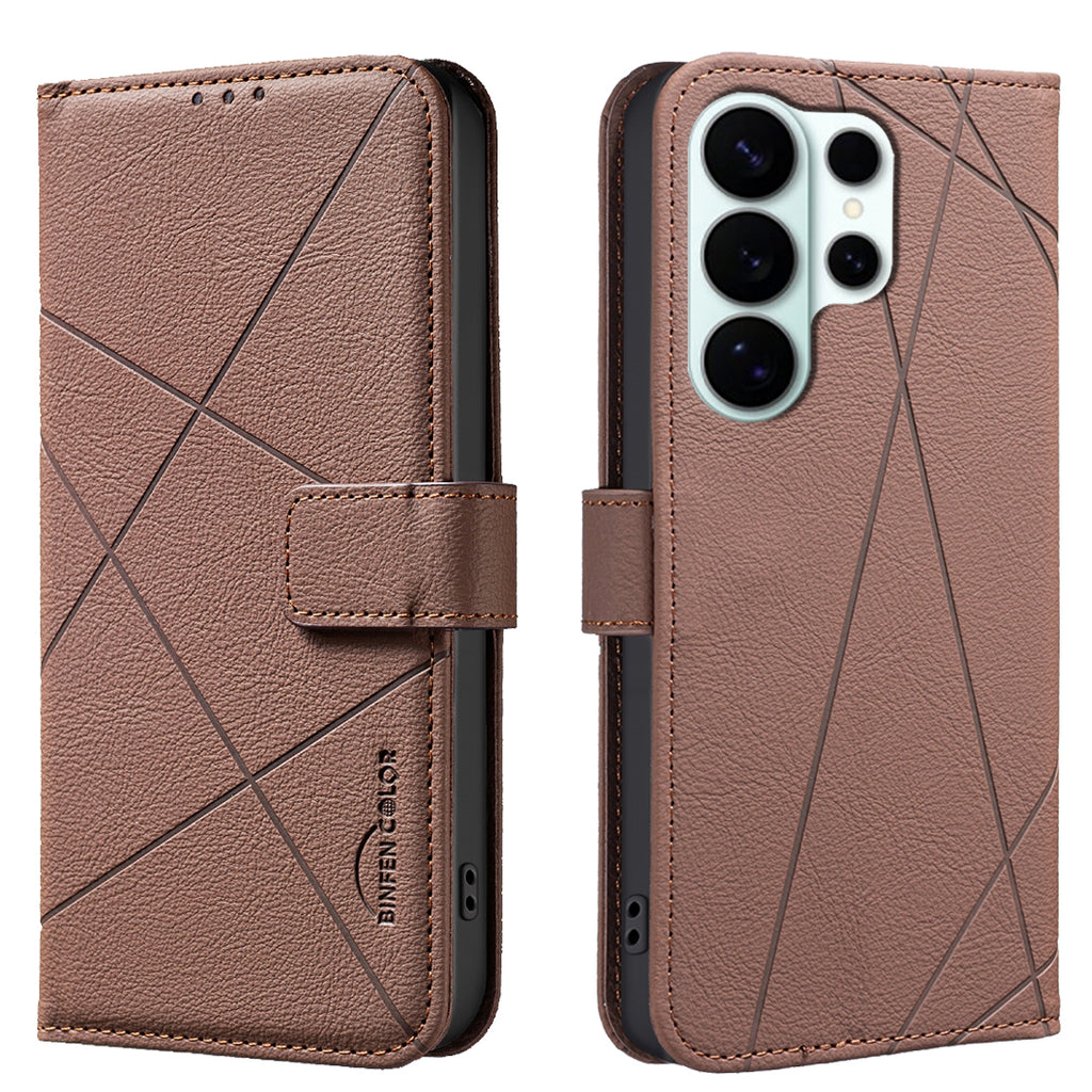 For Samsung Galaxy S26 Ultra Case BINFEN COLOR BF35 Geometry Imprinted Leather Phone Cover RFID Blocking Wallet Stand