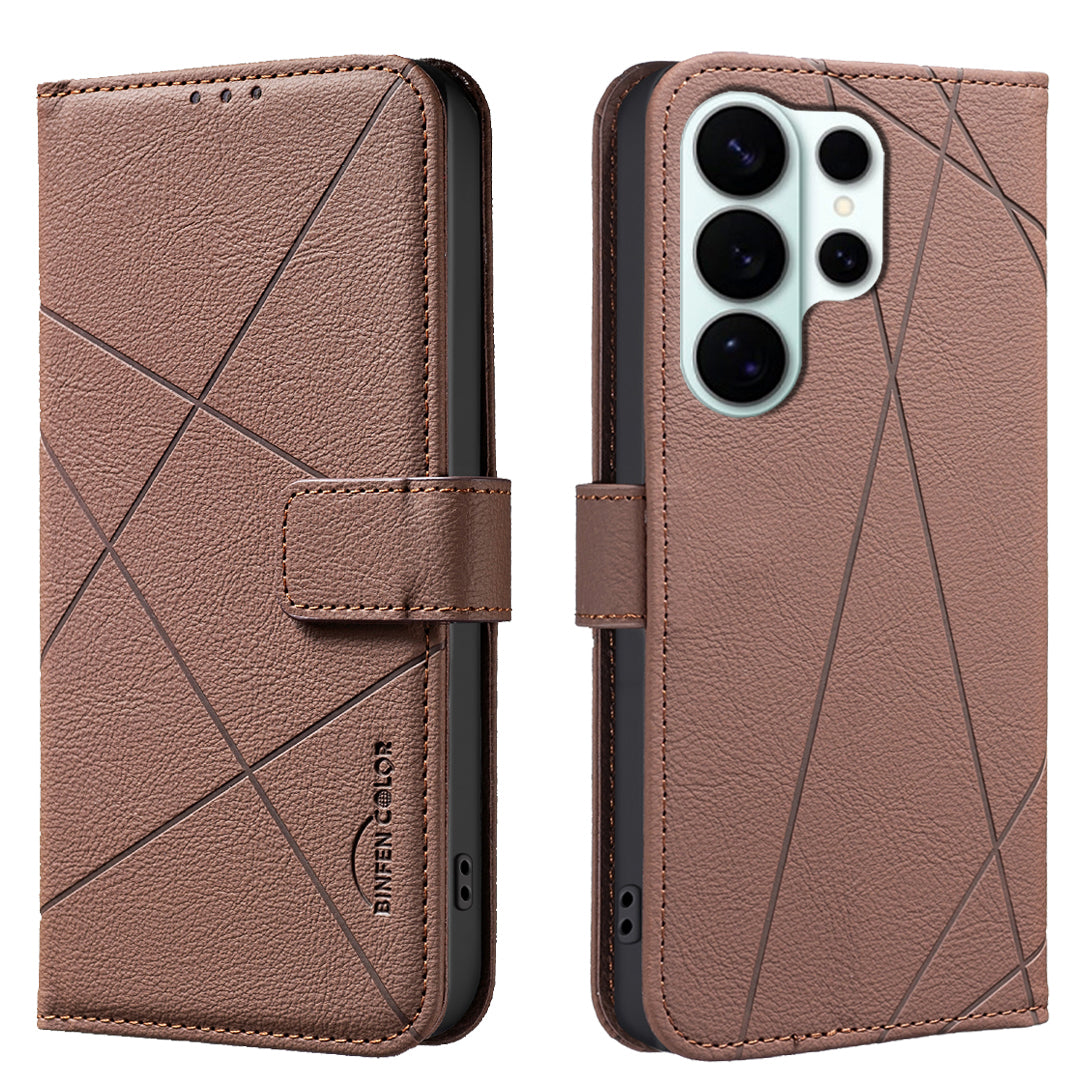 For Samsung Galaxy S26 Ultra Case BINFEN COLOR BF35 Geometry Imprinted Leather Phone Cover RFID Blocking Wallet Stand