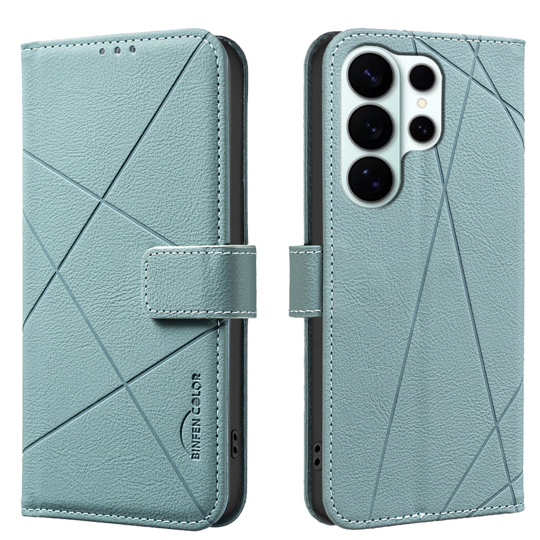 For Samsung Galaxy S26 Ultra Case BINFEN COLOR BF35 Geometry Imprinted Leather Phone Cover RFID Blocking Wallet Stand