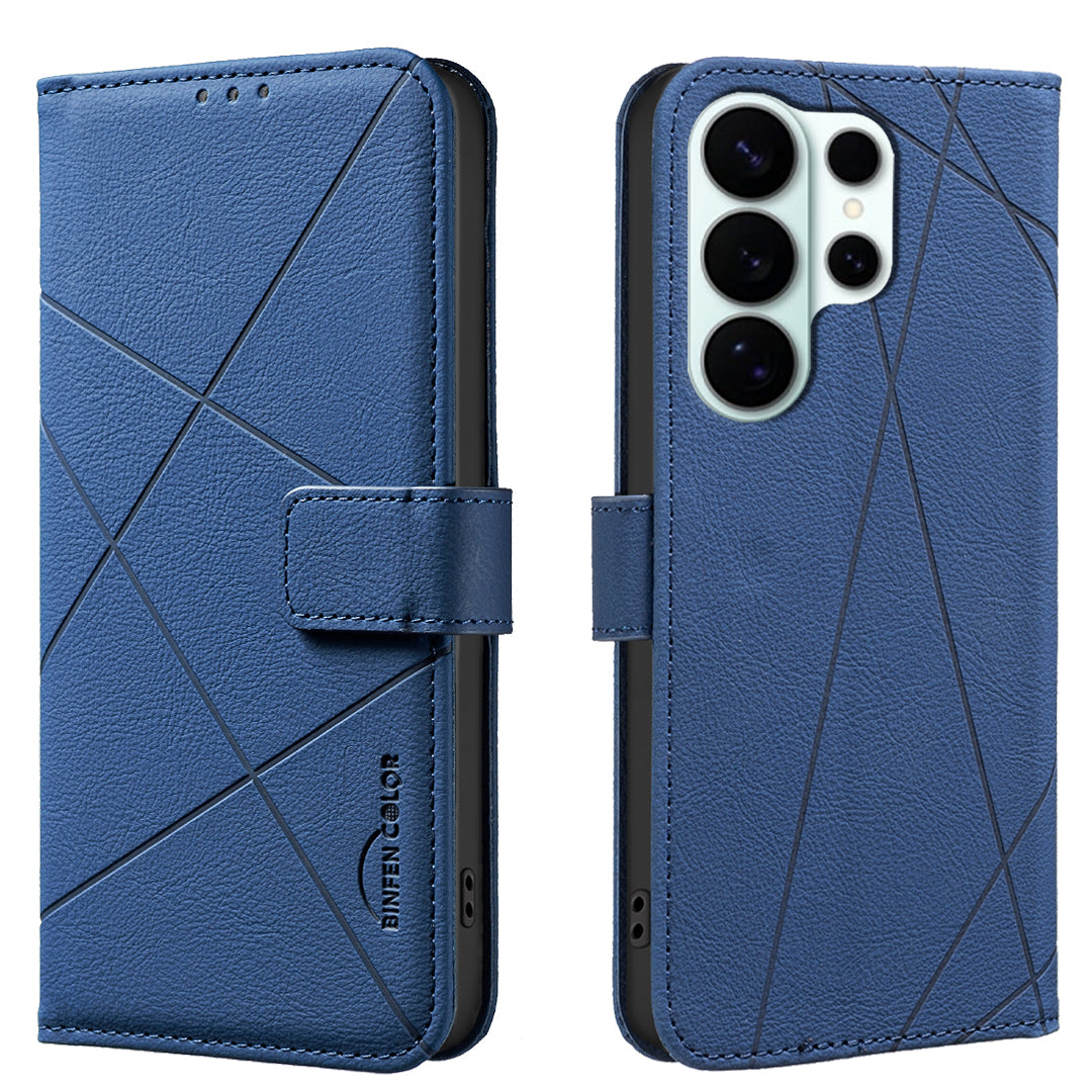 For Samsung Galaxy S26 Ultra Case BINFEN COLOR BF35 Geometry Imprinted Leather Phone Cover RFID Blocking Wallet Stand