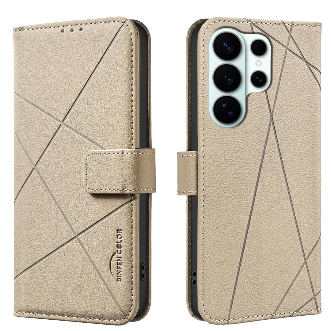 For Samsung Galaxy S26 Ultra Case BINFEN COLOR BF35 Geometry Imprinted Leather Phone Cover RFID Blocking Wallet Stand