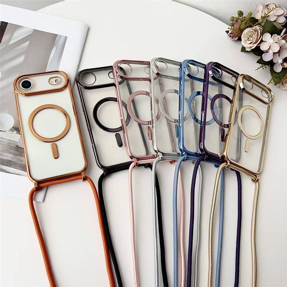 For iPhone 17 Case Compatible with MagSafe Electroplating Edge TPU Phone Cover with Shoulder Strap