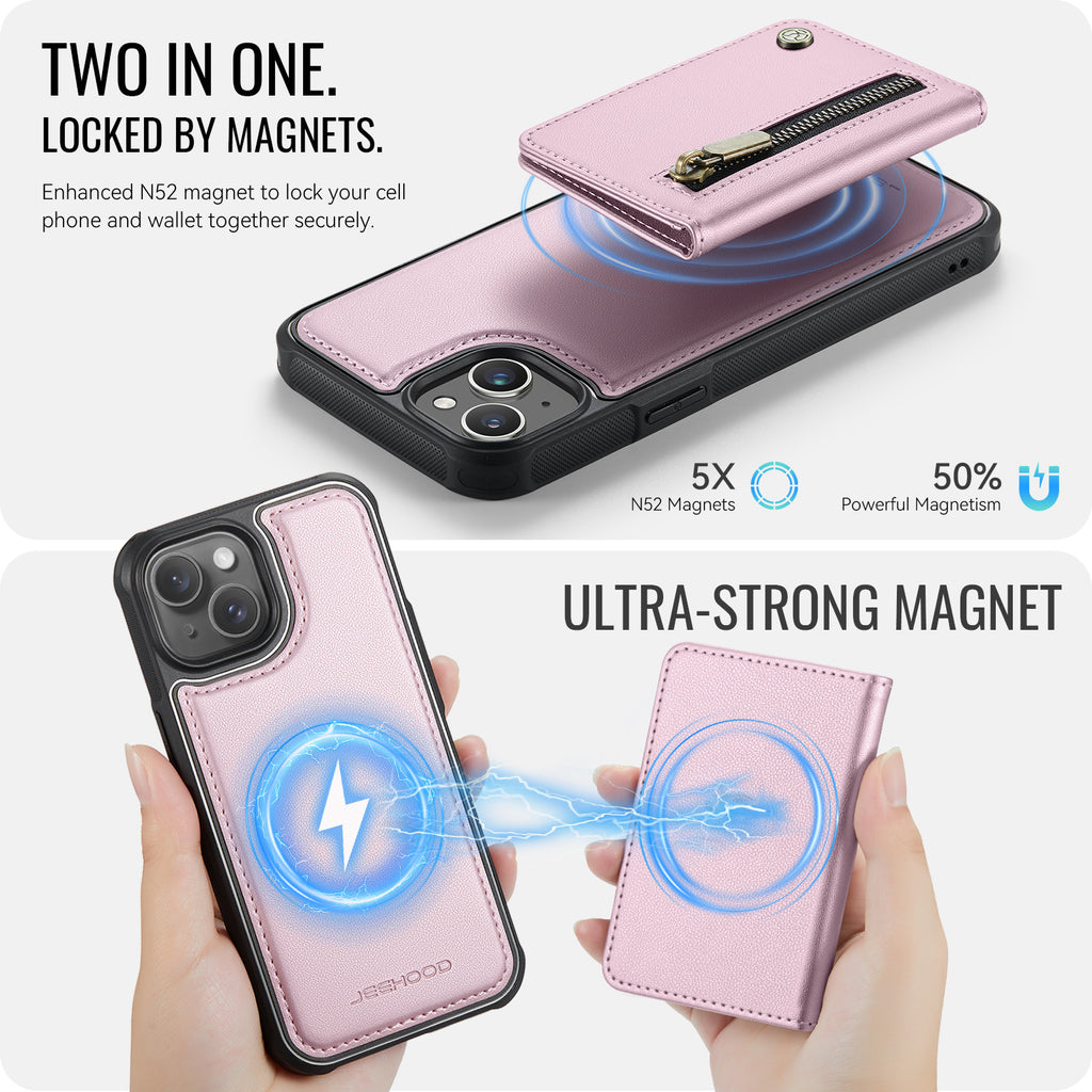 Étui JEEHOOD J12 pour iPhone 15, portefeuille magnétique détachable avec fermeture éclair et support intégré, coque arrière en cuir compatible MagSafe