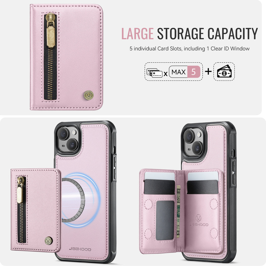 Étui JEEHOOD J12 pour iPhone 15, portefeuille magnétique détachable avec fermeture éclair et support intégré, coque arrière en cuir compatible MagSafe