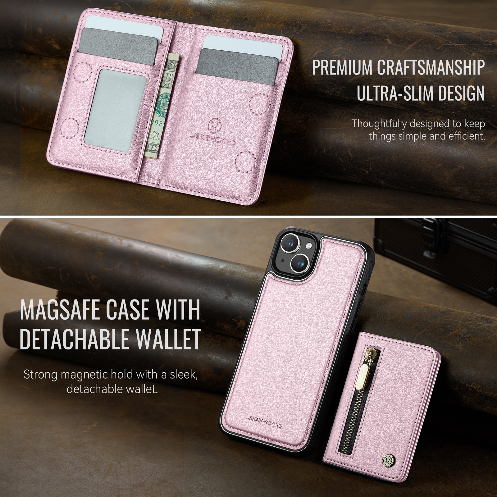 Étui JEEHOOD J12 pour iPhone 15, portefeuille magnétique détachable avec fermeture éclair et support intégré, coque arrière en cuir compatible MagSafe