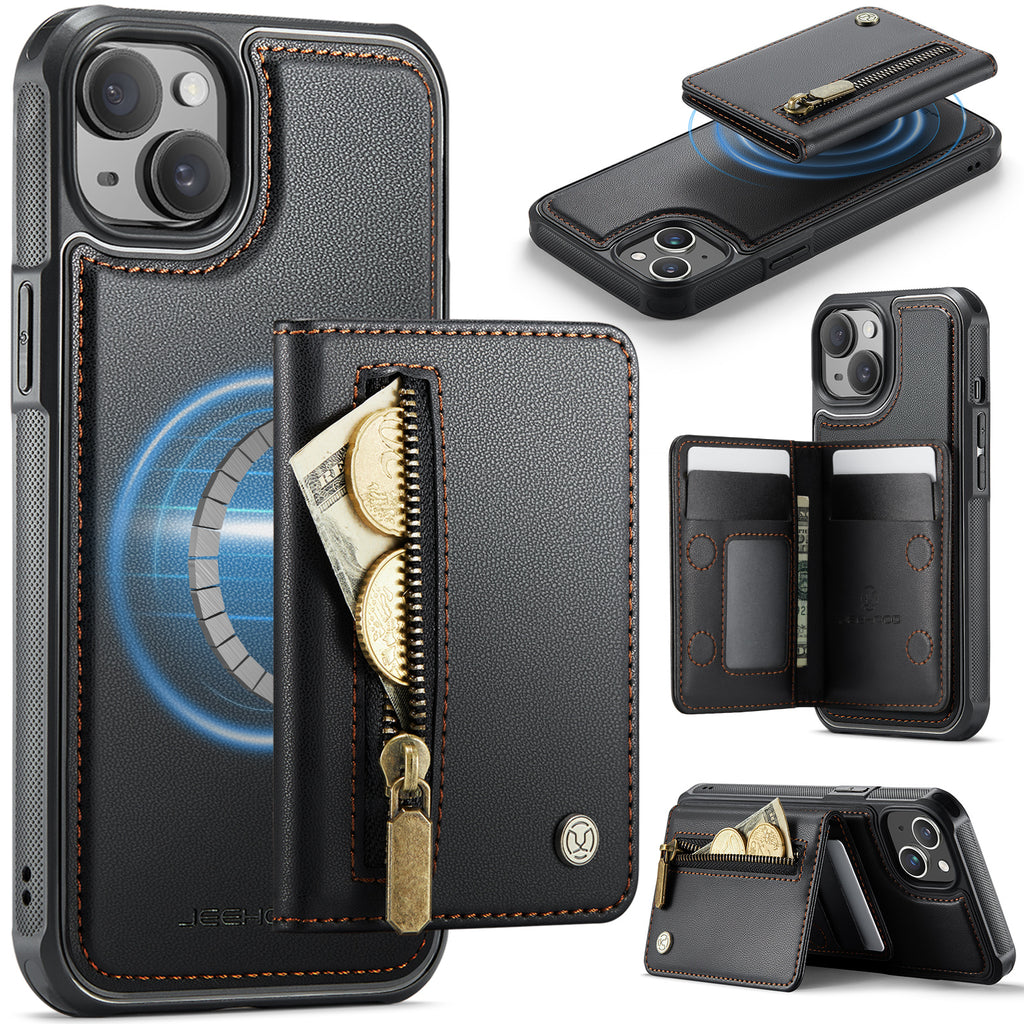 Étui JEEHOOD J12 pour iPhone 15, portefeuille magnétique détachable avec fermeture éclair et support intégré, coque arrière en cuir compatible MagSafe