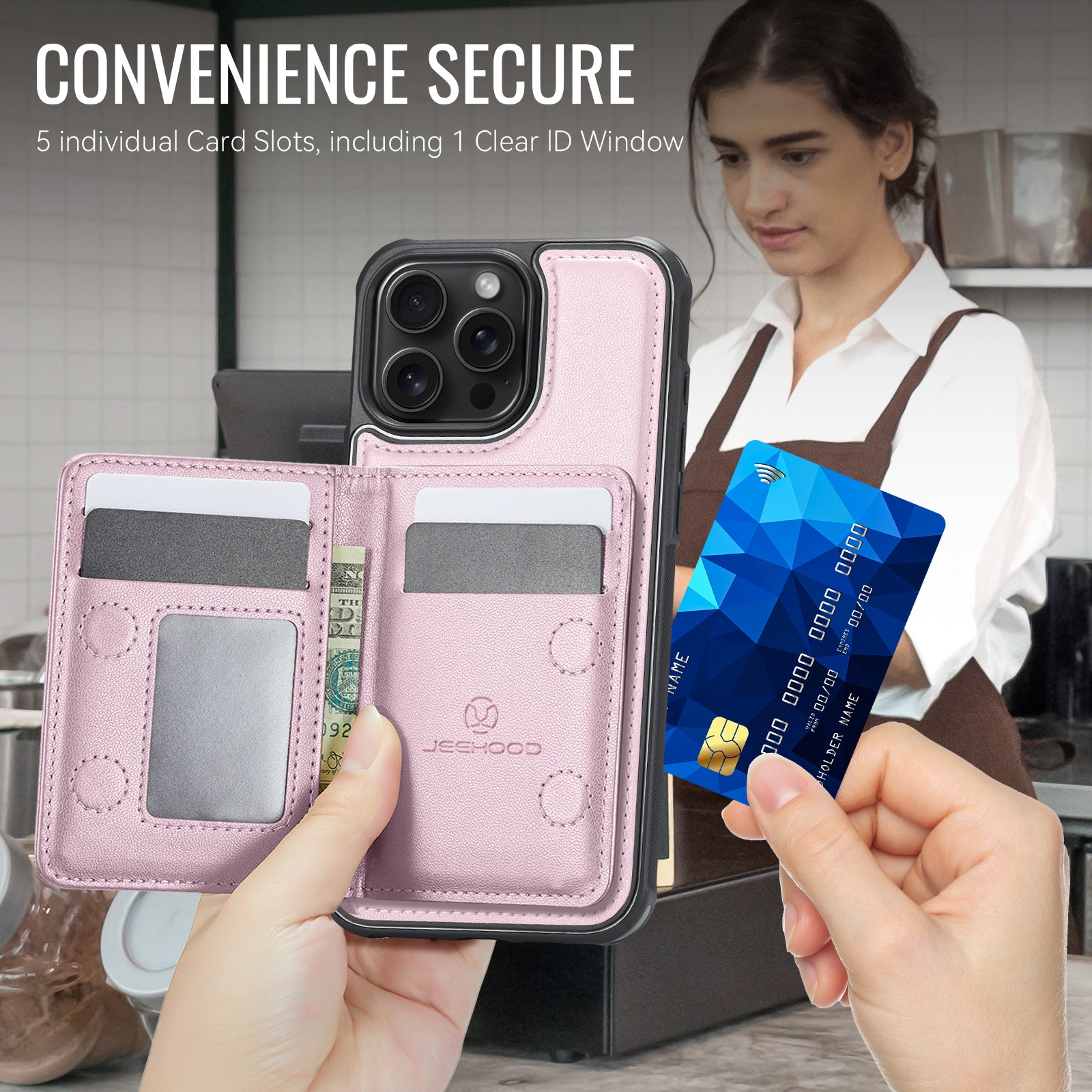 Étui JEEHOOD J12 pour iPhone 15 Pro, portefeuille magnétique détachable avec fermeture éclair et support intégré, dos en cuir compatible MagSafe