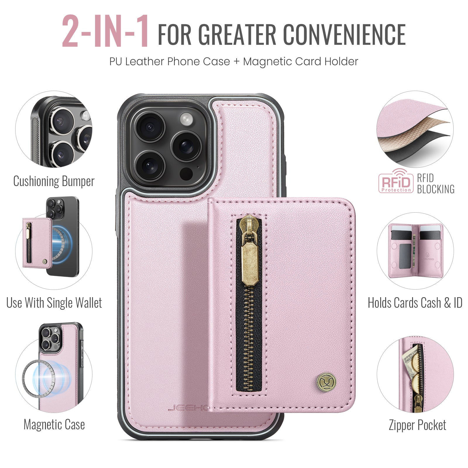 For iPhone 15 Pro Case JEEHOOD J12 Magnetic  Detachable Zipper Wallet Kickstand Leather Back Cover Compatible with MagSafe