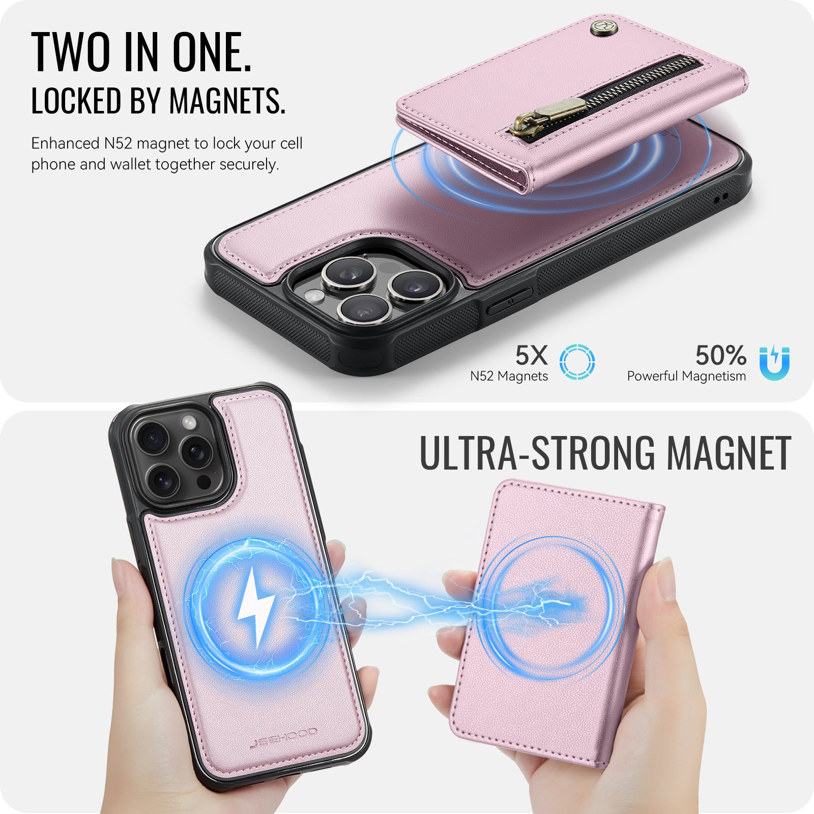 For iPhone 15 Pro Case JEEHOOD J12 Magnetic  Detachable Zipper Wallet Kickstand Leather Back Cover Compatible with MagSafe