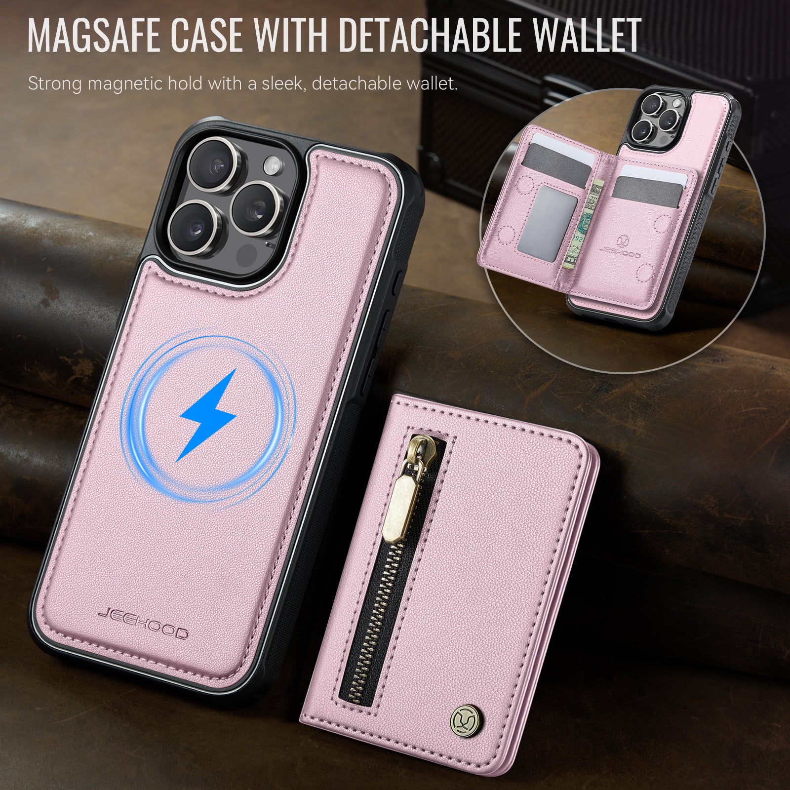 For iPhone 15 Pro Case JEEHOOD J12 Magnetic  Detachable Zipper Wallet Kickstand Leather Back Cover Compatible with MagSafe