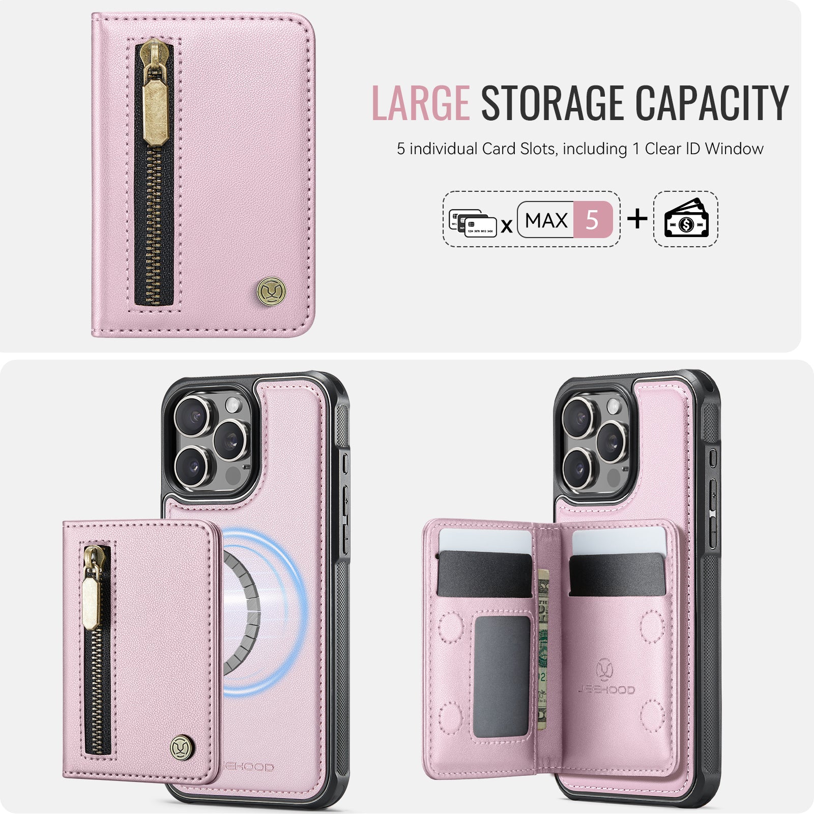 Étui JEEHOOD J12 pour iPhone 15 Pro, portefeuille magnétique détachable avec fermeture éclair et support intégré, dos en cuir compatible MagSafe