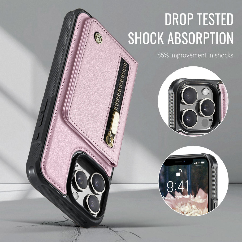 Étui JEEHOOD J12 pour iPhone 15 Pro, portefeuille magnétique détachable avec fermeture éclair et support intégré, dos en cuir compatible MagSafe